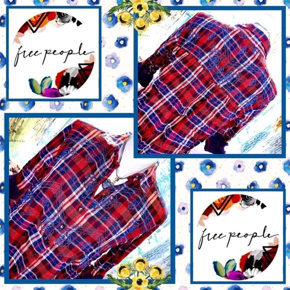 Free People Magical Plaid Buttondown Top Red Blue - Picture 6 of 8
